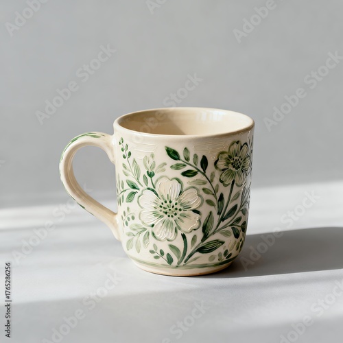 Handpainted Ceramic Mug with Green Floral Motif on Neutral Surface, Soft Natural Light Highlighting Texture and Form