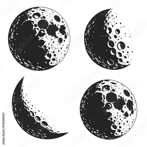 Four black and white moon phases with craters lunar 1