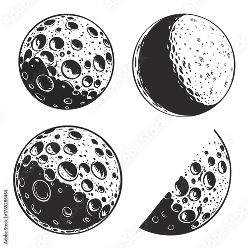 Four black and white moon phases with craters lunar