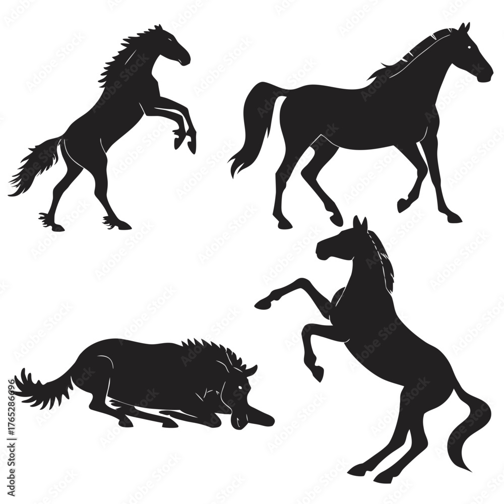 Fototapeta premium Four black horse silhouettes in various poses white background 1