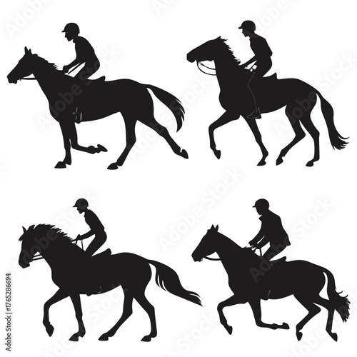 Four black horse and rider silhouettes in motion white