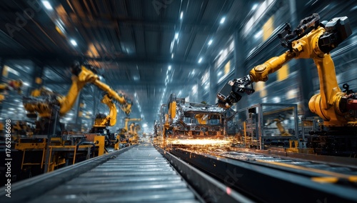 Vibrant photo of advanced robotic arms in a futuristic manufacturing facility