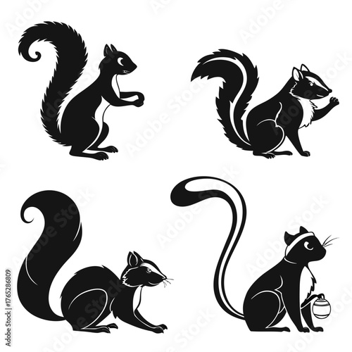 Four black silhouette animals including squirrels and skunks