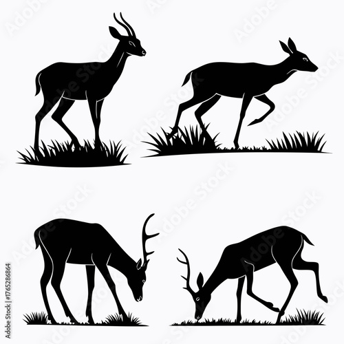 Four black silhouette deer and gazelle in grass deer silhouette