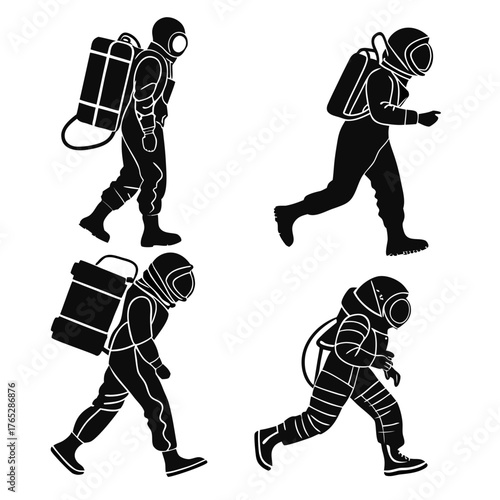 Four black silhouette divers in different poses diving