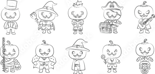 Cute Cartoon Jack-o'-Lantern Characters Set. Halloween Costume Line Art Vector Collection.