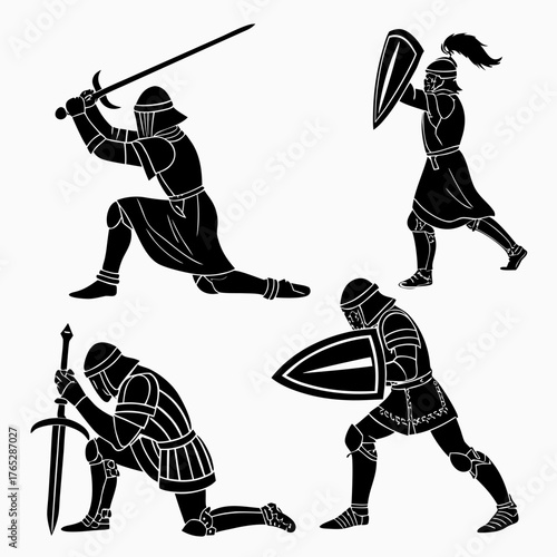 Four black silhouette medieval knights in combat poses