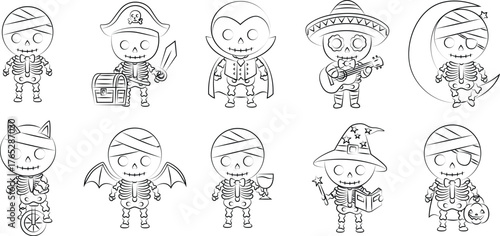 Cute Cartoon Skeletons Set. Halloween Costumes Vector Collection.