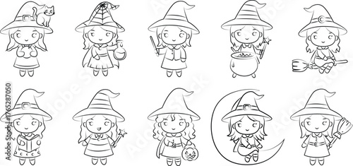Cute Cartoon Witches Set. Halloween Character Line Art Collection.