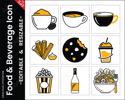Food Icons Beverage Vector Illustration Collection Featuring Coffee Cookie Salad And Churros