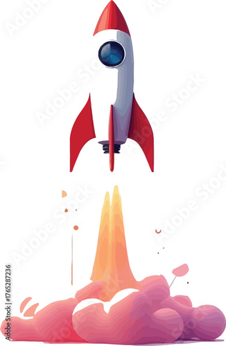 Cartoon rocket blasting off with vibrant pink smoke trail
