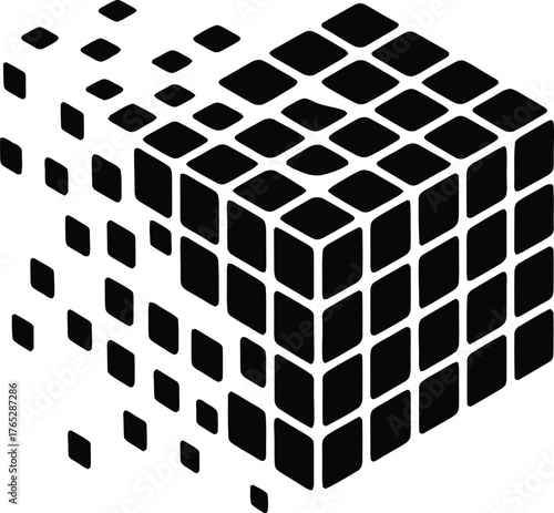 Abstract cube decomposing into colorful pixels and particles