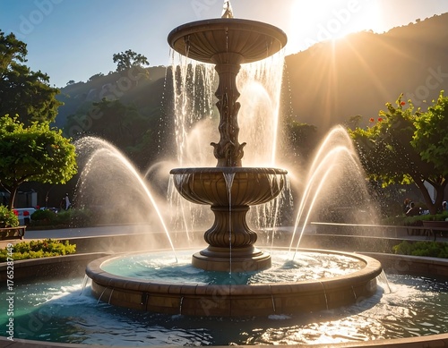 Fototapeta Naklejka Na Ścianę i Meble -  Ornate fountain, cascading water, sunlit backdrop with trees and hills