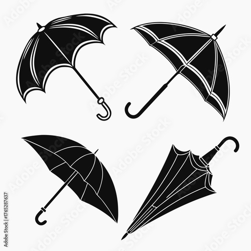 Four black umbrellas in different open and closed positions 1