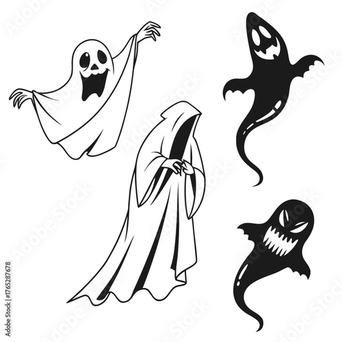 Four cartoon ghosts in black and white line art and silhouette