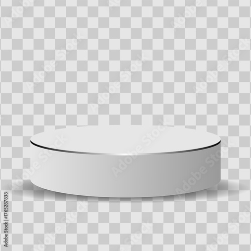 Minimal 3D white podium on transparent background. Elegant round pedestal mockup for product display, cosmetics, or luxury branding presentation. Clean vector platform template for advertising or pack