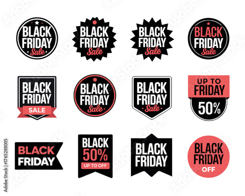 Collection of black friday sale promotional badges and stickers in various shapes and designs for marketing