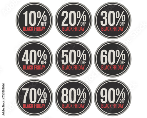 Illustration of nine round black friday sale stickers with different percentage discount offers from ten to ninety