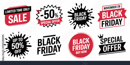 A collection of black friday sale stickers and promotional badges with various discount offers displayed