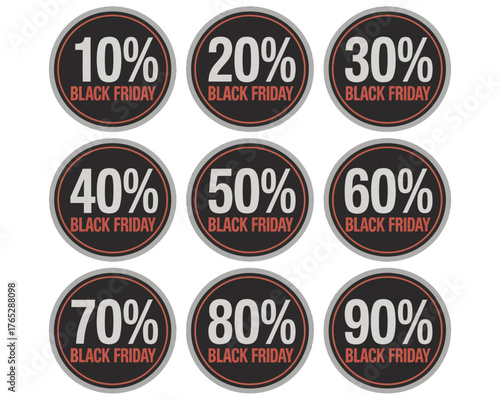 Illustration of nine black friday sale discount stickers with percentages from ten to ninety percent