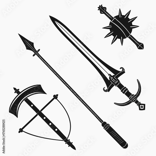 Medieval weapons collection silhouette sword mace