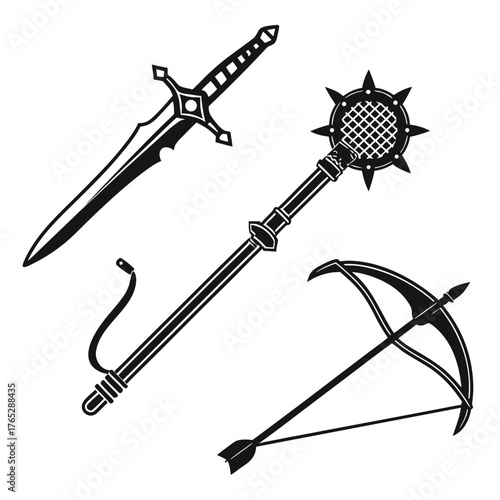 Medieval weapons sword mace bow and arrow vector
