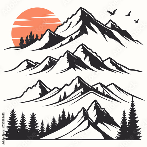 Mountain range silhouette with sun and birds mountains