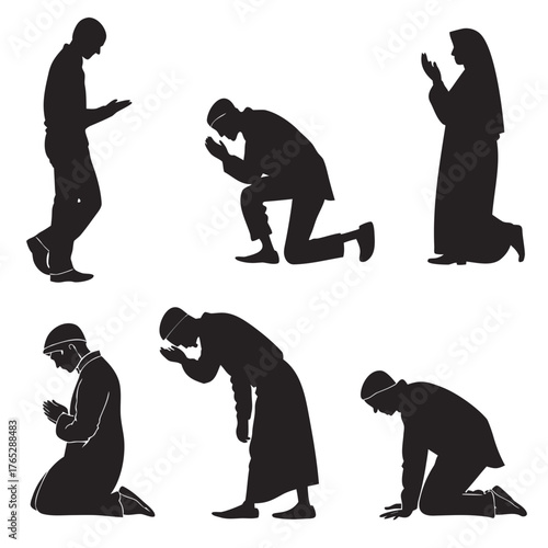 Muslim people praying in various poses black silhouette