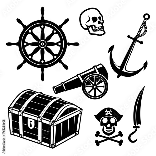 Pirate treasure chest ship wheel anchor cannon skull and saber