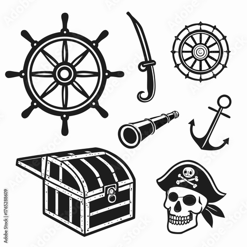 Pirate treasure chest ship wheel spyglass anchor skull