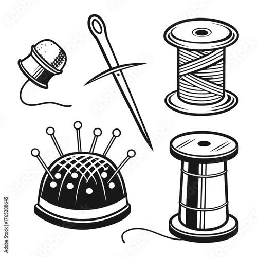 Sewing needle thimble and thread spools illustration
