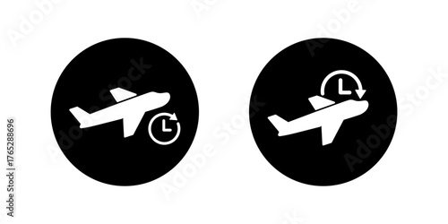 Airplane delay icon in black circle. Flight schedule with clock symbol