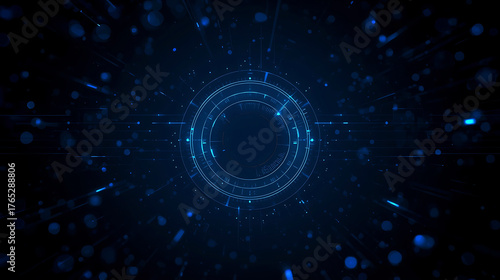 Futuristic Technology Interface with Circular HUD Elements and Glowing Particles in Deep Blue Background
