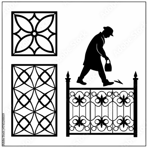 Silhouette of man in coat and hat walking past ornate gate