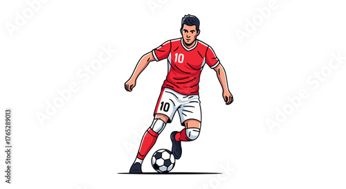 A male football player wearing a red jersey with the number 10 dribbles a soccer ball on a white background, sports illustration