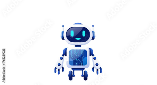 A cheerful, smiling cartoon robot with blue accents and a visible circuit board, representing artificial intelligence and futuristic technology