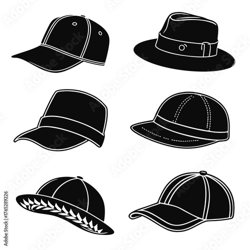 Six black and white silhouette illustrations of various hats