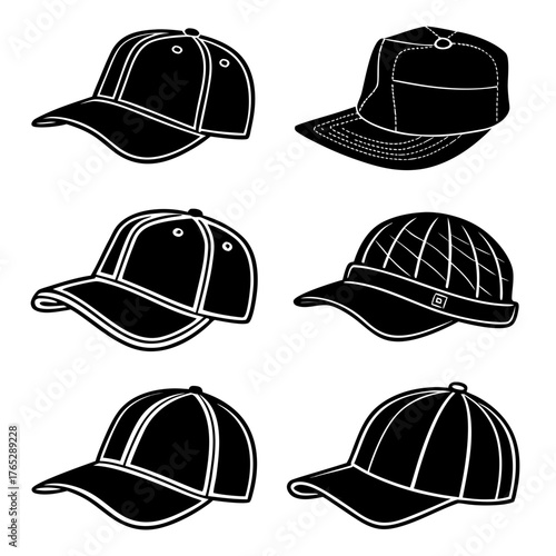Six black baseball caps with white outlines headwear 1