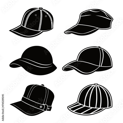 Six black baseball caps with white outlines headwear