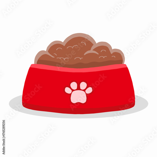 Full pet food bowl vector illustration. Dog, cat, animal or pet full of kibble red food bowl vector illustration