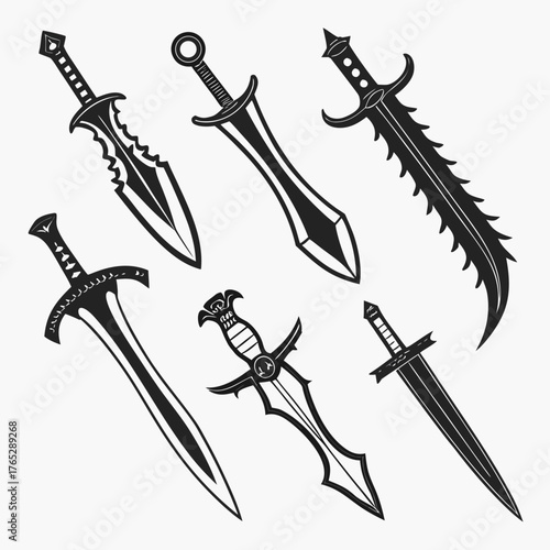 Six black fantasy swords and daggers on white background