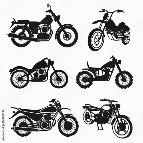 Six black motorcycle silhouettes on white background 4