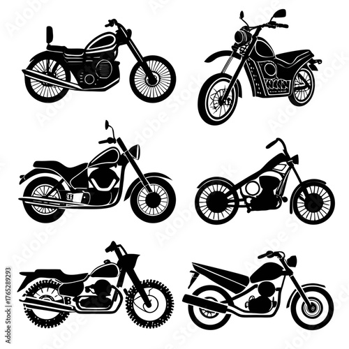 Six black motorcycle silhouettes on white background 3