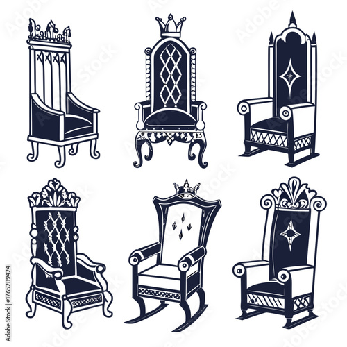 Six ornate thrones and chairs in dark blue silhouette