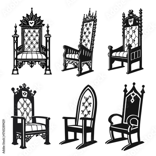 Six ornate black thrones on white background chair