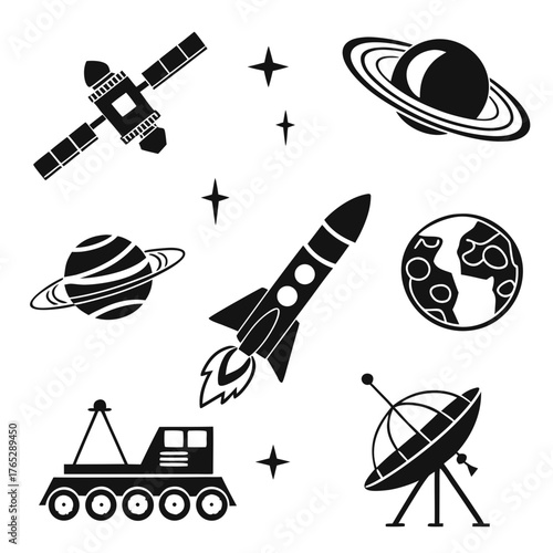 Space exploration icons rocket satellite planets and rover