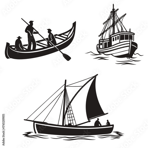 Three black silhouette boats with people on water ship