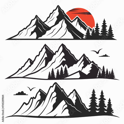 Three stylized mountain range illustrations with trees and sun