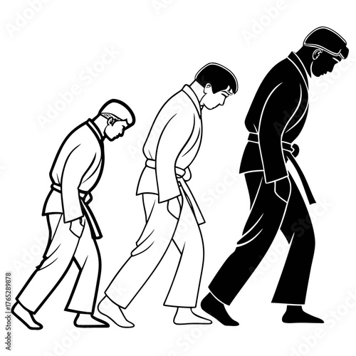 Three figures in martial arts uniforms bowing in progression