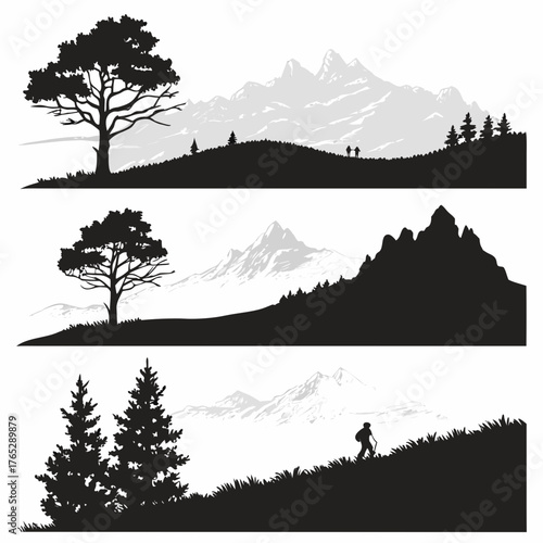 Three silhouette landscape scenes with mountains trees and hikers